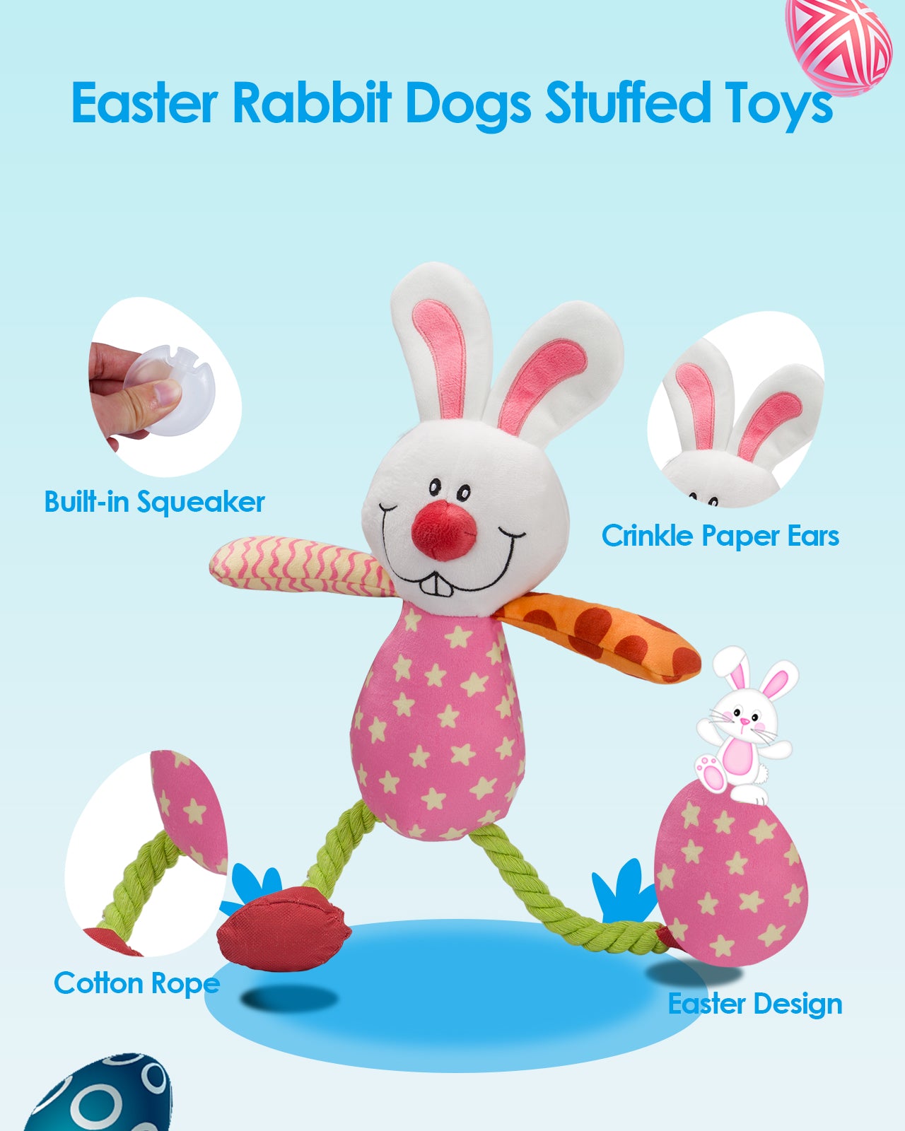 UNISE Squeaky Dog Toys, Easter Bunny Plush Dog Toys for Small Medium Large Dogs, Puppy Teething Toys with Moveable Cotton Rope, Interactive Dog Toys to Keep Them Busy, Puppy Toys & Smart Pet Tag